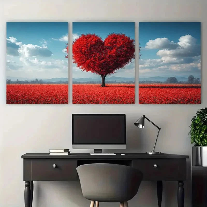 3pcs Romantic Heart Shaped Tree Red Meadow Scene Wall Art Set Canvas Framed 60x90cm - High Quality Print 100% Australian Made Wall Canvas Ready to Hang