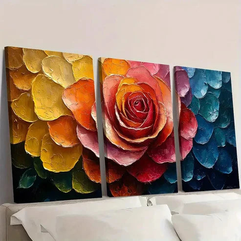 3pcs Vibrant Rainbow Rose VR Wall Art Set Canvas Unframed - High Quality Print 100% Australian Made Wall Canvas - Bella Home Decor
