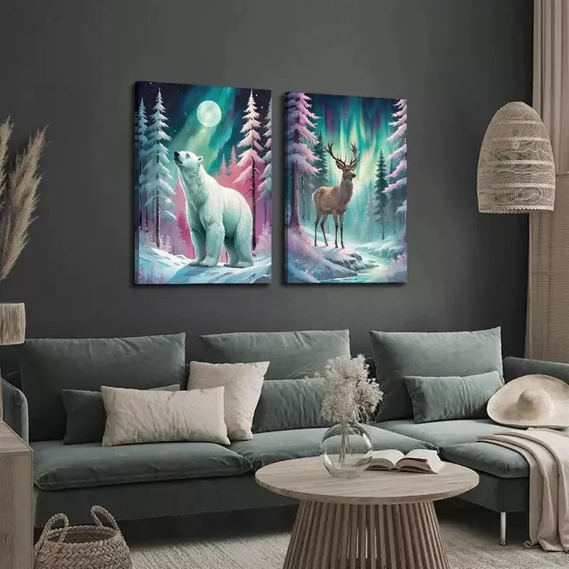 2pcs Wall Art Bear and Deer Under the Northern Lights Framed 50x75cm - High Quality Print 100% Australian Made Wall Canvas Ready to Hang - Bella Home Decor