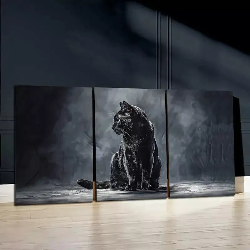3pcsBlack Cat In Dark Background Wall Art Set Canvas Framed 50x70cm - High Quality Print 100% Australian Made Wall Canvas Ready to Hang