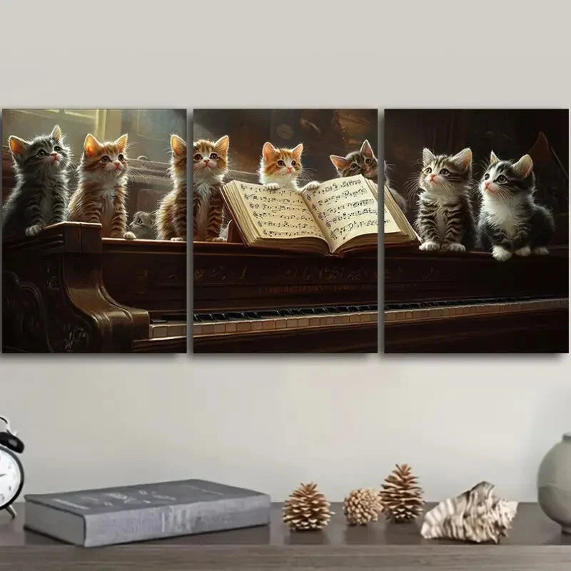 3pcs Featuring a Cat on a Piano Wall Art Set Canvas Framed 40x60cm - High Quality Print 100% Australian Made Wall Canvas Ready to Hang