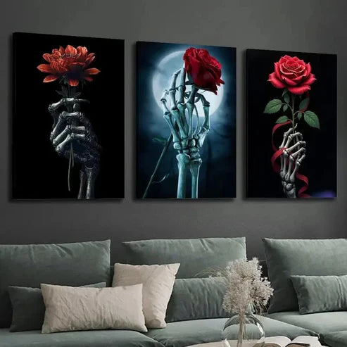 3pcs Gothic Skull and Red Rose Wall Art Set Canvas Unframed - High Quality Print 100% Australian Made Wall Canvas