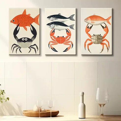 3pcs Art Of Crab & Bluefin Tuna Design Art Set Canvas Unframed - High Quality Print 100% Australian Made Wall Canvas - Bella Home Decor