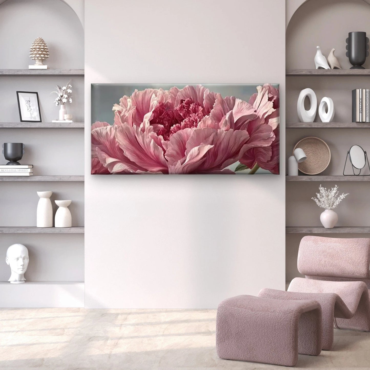 Pink Flowers on Beige Background Wall Art Canvas Office Home Room Framed 120x60cm - Bella Home Decor