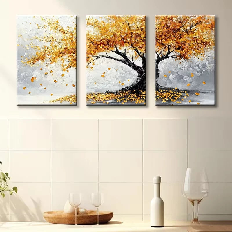 3pcs A tree with Golden leaves Illustration Wall Art Set Canvas Framed 40x60cm - High Quality Print 100% Australian Made Wall Canvas Ready to Hang - Bella Home Decor