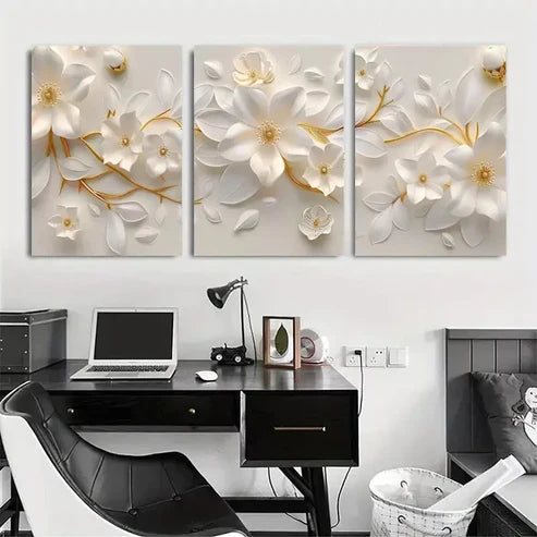 3pcs White Floral Paper Art with Golden Wall Art Set Canvas Unframed - High Quality Print 100% Australian Made Wall Canvas
