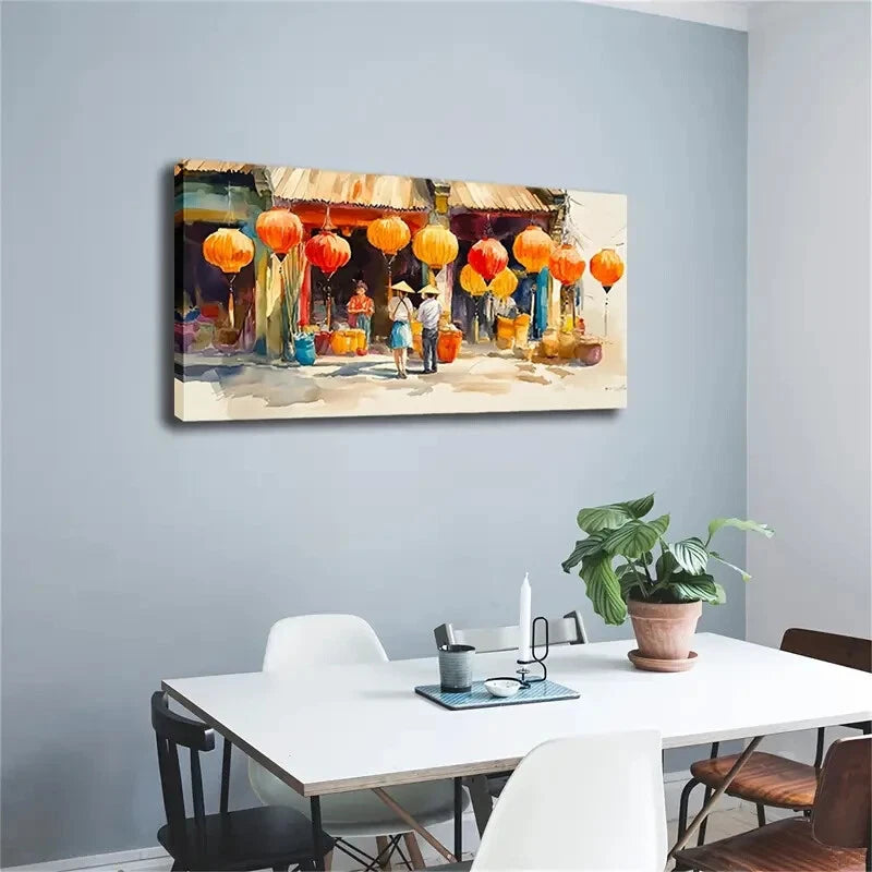 Vibrant Lantern Market Scene Wall Art Canvas Office Home Room Framed 120x60cm - Bella Home Decor