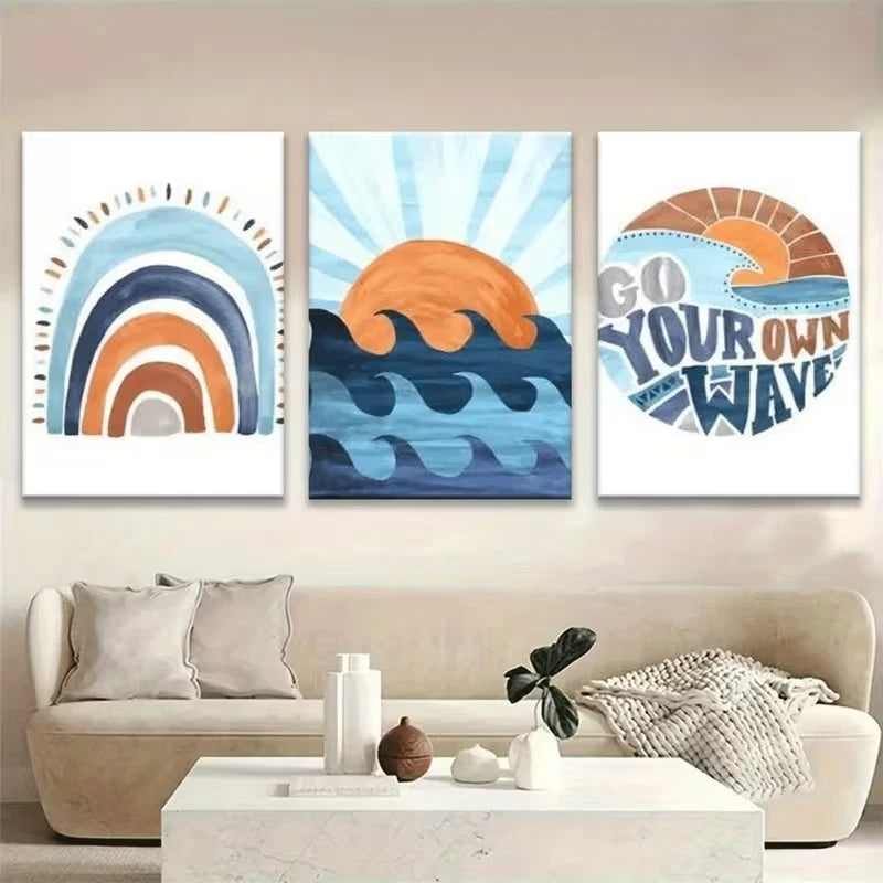 3pcs Rainbow Wave Sun Theme Metal Print Ready to Hang Art
