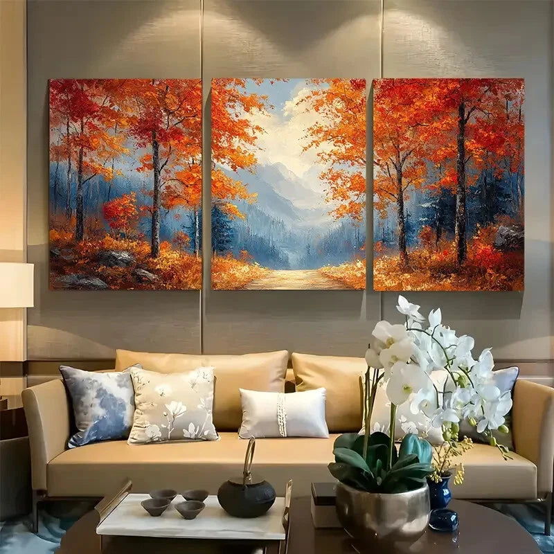 3pcs Autumn Foliage Pathway Countryside Scene Metal Print Ready to Hang Art