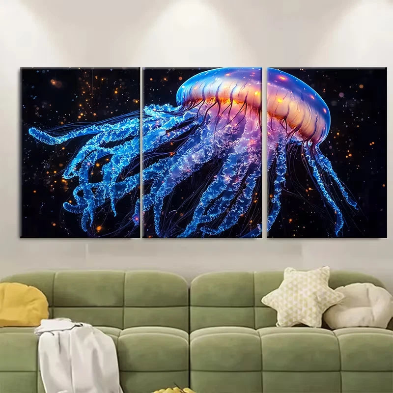 3pcs Neon Blue Japanese Sea Nettle Jellyfish Metal Print Ready to Hang Art
