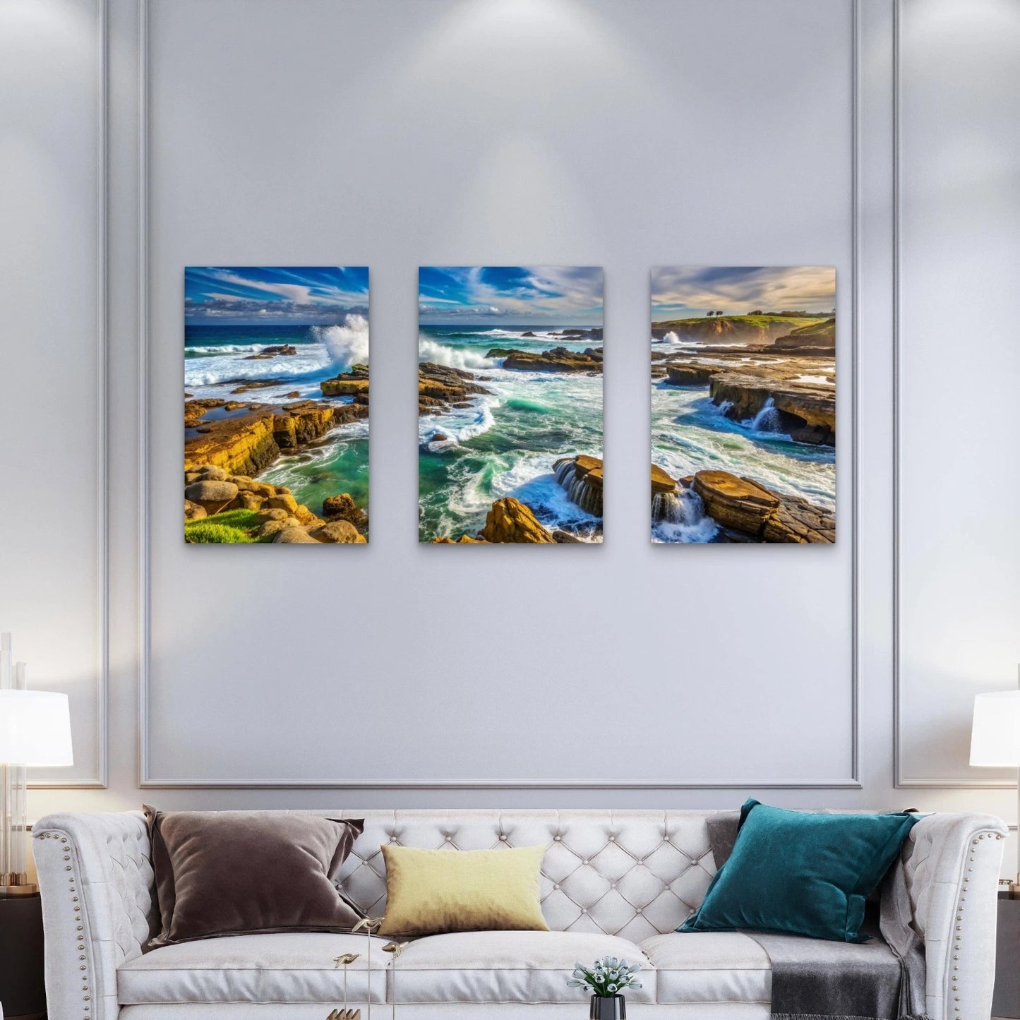 3pcs Crashing Ocean Waves Rocky Blue Wall Art Set Canvas Framed 40x60cm - High Quality Print 100% Australian Made Wall Canvas Ready to Hang