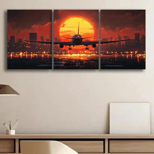 3pcs Sunset Plane Takeoff Darkness Perfect Wall Art Set Canvas Unframed - High Quality Print 100% Australian Made Wall Canvas
