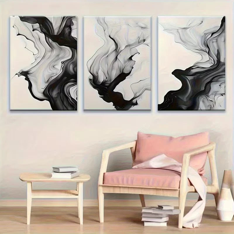 3pcs Black And White Smoke Abstracts Metal Print Ready to Hang Art