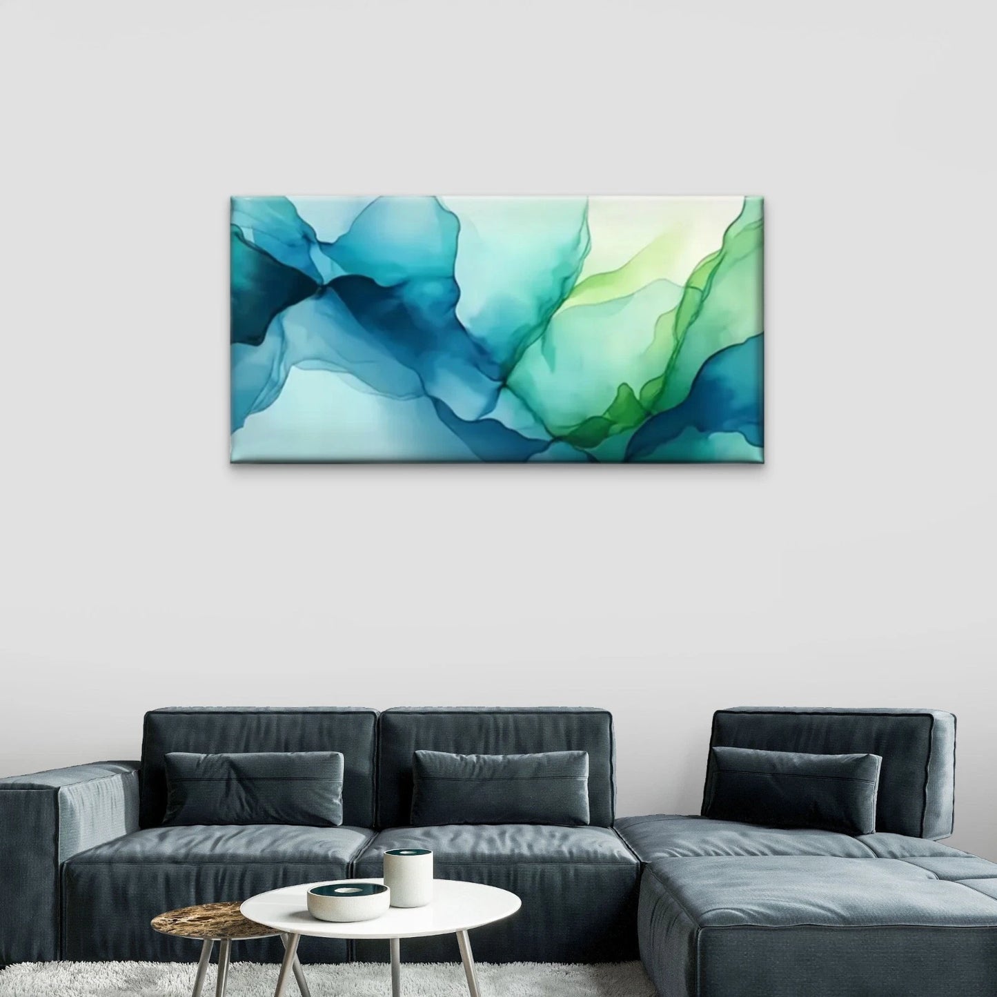 Blue Green Watercolor Abstract Wall Art Canvas Office Home Room Framed 120x60cm