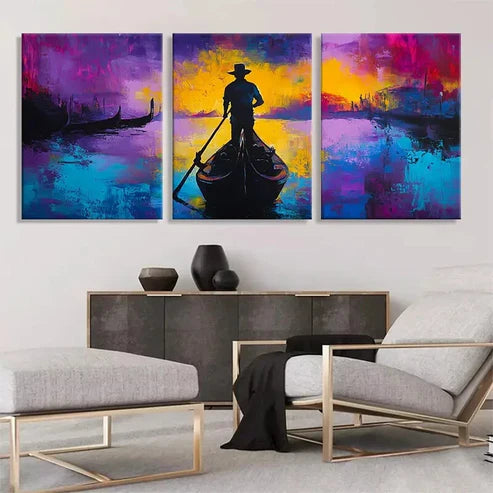 3pcs Gondola at Sunset Vibrant Venetian Perfect Wall Art Set Canvas Unframed - High Quality Print 100% Australian Made Wall Canvas - Bella Home Decor