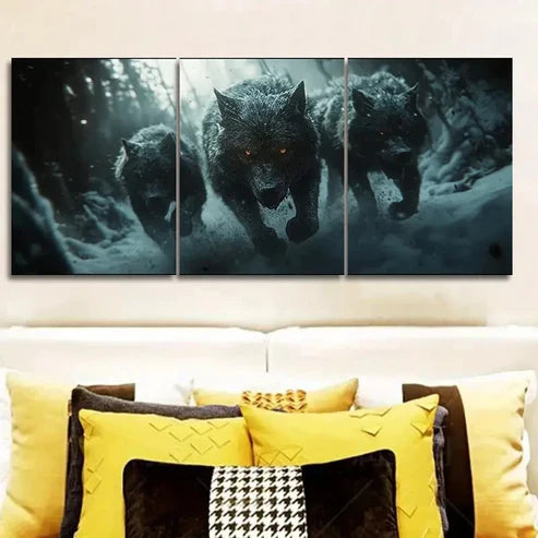 3pcs Fierce Wolf pack Charging Wall Art Canvas Unframed - High Quality Print 100% Australian Made Wall Canvas