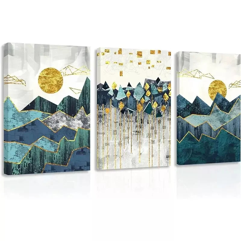 3pcs Abstract Painting Golden Sun Geometric Mountain Canvas Framed 40x60cm - High Quality Print 100% Australian Made Wall Canvas Ready to Hang - Bella Home Decor