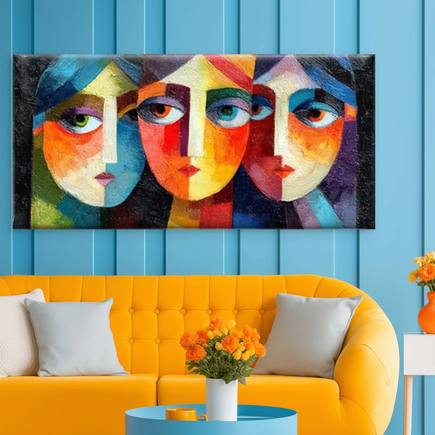 Abstract Face Art Print, Vibrant Colorful Unframed Canvas Painting for Living