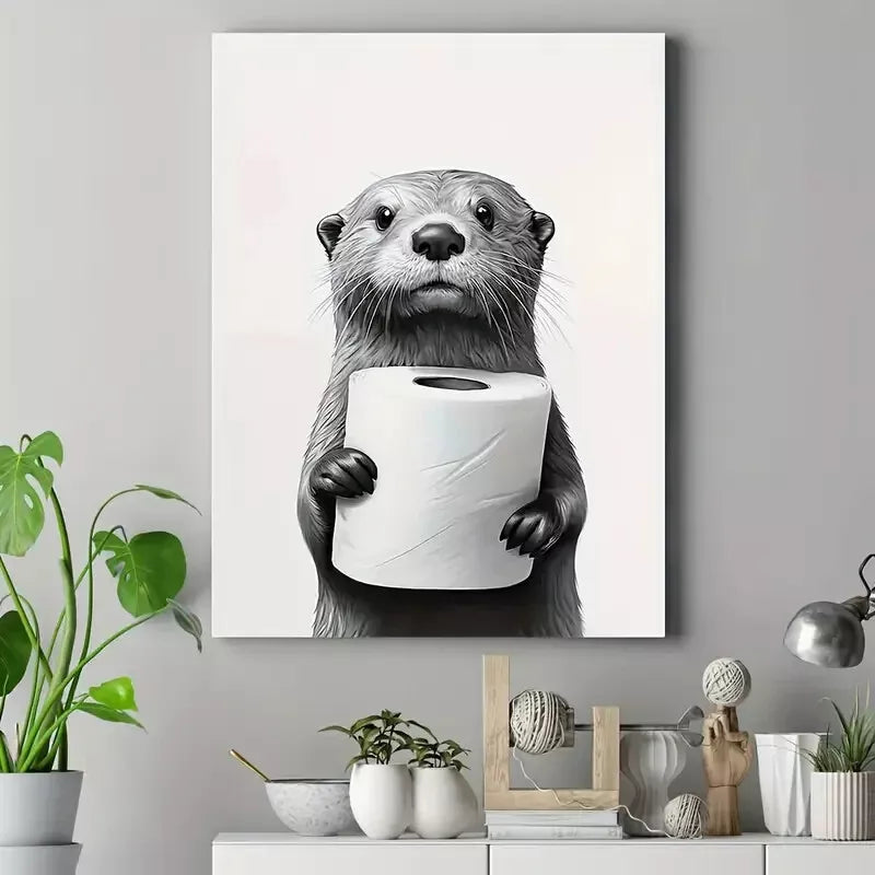 Charming Otter & Raccoon Duo - 2pcs Black and White Canvas Framed 50x75cm - High Quality Print 100% Australian Made Wall Canvas Ready to Hang