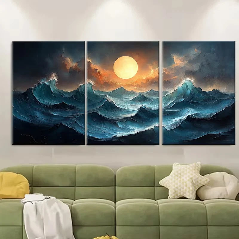 3pcs Abstract Sea Waves Geometric Metal Print Ready to Hang Art