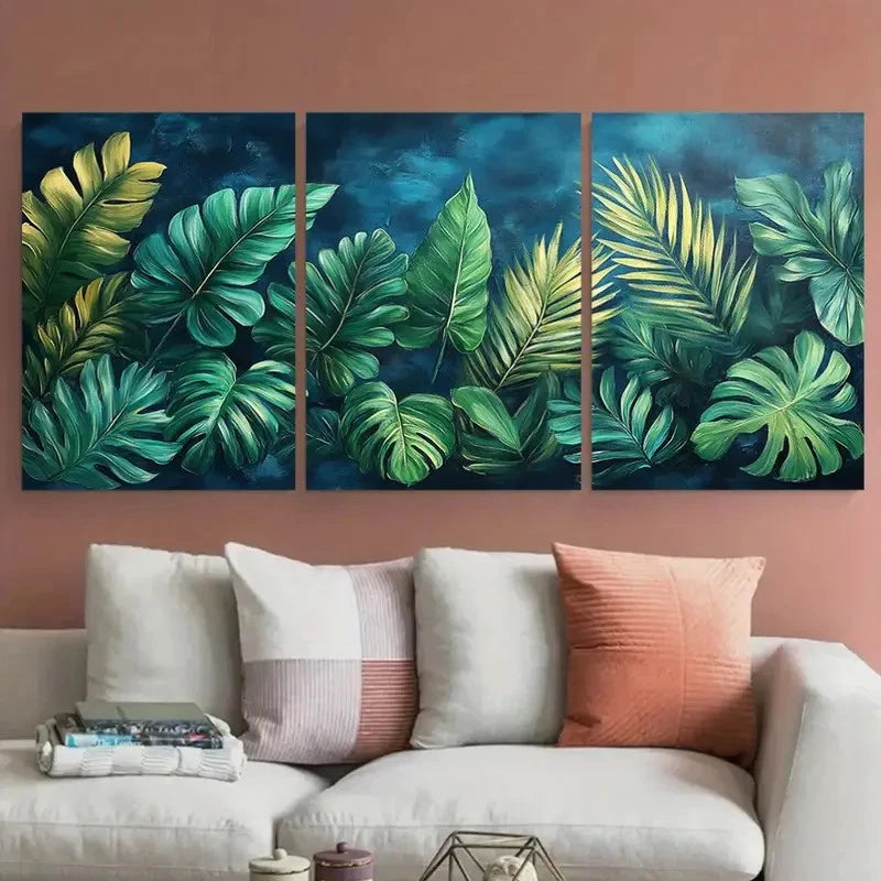 3pcs Deep Green Tropical Leaves Wall Art Set Canvas Framed 40x60cm - High Quality Print 100% Australian Made Wall Canvas Ready to Hang