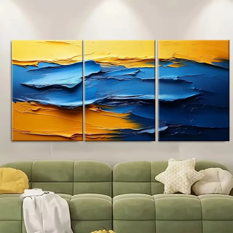 3pcs Vibrant Blue and Yellow Abstract Metal Print Ready to Hang Art