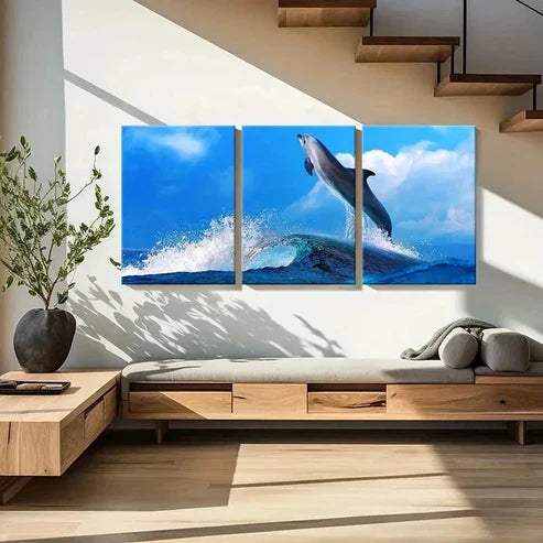 3pcs Dolphins Jumping Out Of The Sea Wall Art Canvas Unframed - High Quality Print 100% Australian Made Wall Canvas - Bella Home Decor
