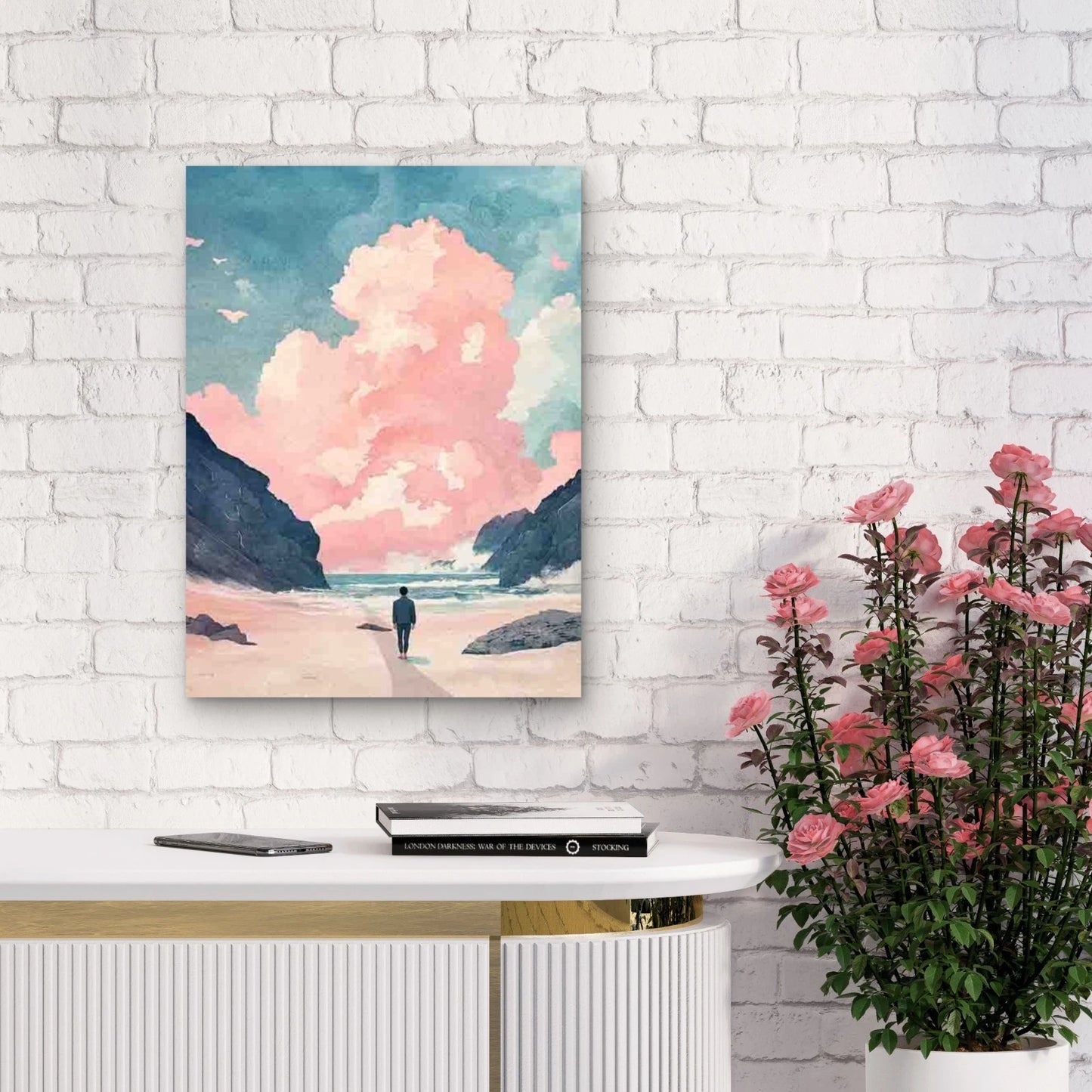 Sky with Pink Clouds, Rocky Beach & Surfer 40x60cm Metal Print Ready to Hang