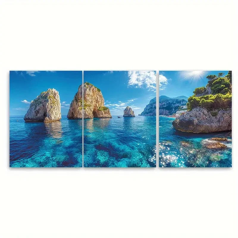 3pcs Deep Blue Seascape LO Wall Art Set Canvas Framed 50x70cm - High Quality Print 100% Australian Made Wall Canvas Ready to Hang - Bella Home Decor