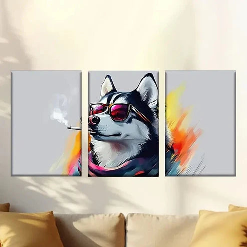 3pcs Husky Dog Fashion Glasses and a Cigarette Wall Art Canvas Unframed – High Quality Print 100% Australian Made Wall Canvas