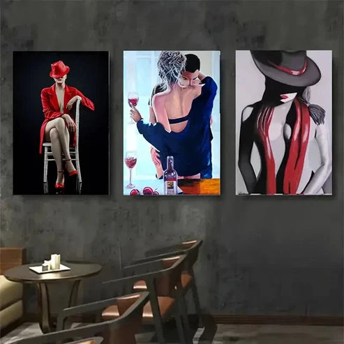 3pcs Women in Red & Black, Wine Glass, Hats Wall Art Canvas Unframed - High Quality Print 100% Australian Made Wall Canvas