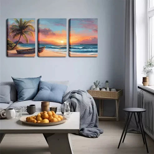 3pcs Sunshine, Beach, Small Boat, Triptych Wall Art Set Canvas Unframed - High Quality Print 100% Australian Made Wall Canvas