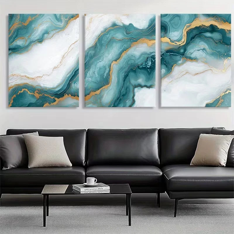 3pcs Teal And Golden Abstract Fluid Art Metal Print Ready to Hang Art