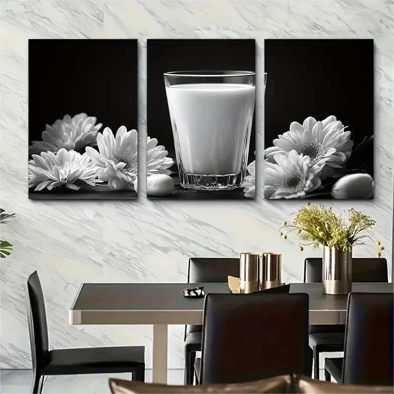 3pcs Black and White Glass of Milk Floral Wall Art Set Canvas Framed 60x90cm - High Quality Print 100% Australian Made Wall Canvas Ready to Hang - Bella Home Decor