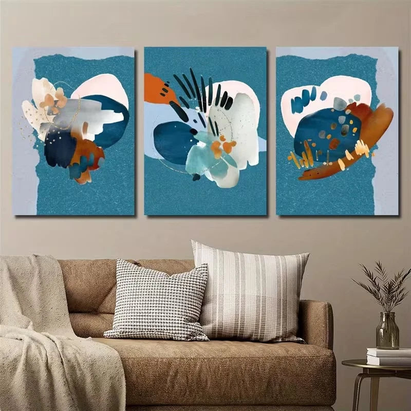 3pcs Geometric Patterns in Turquoise And Orange Metal Print Ready to Hang Art