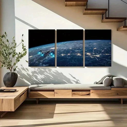 3pcs Outer Space Earth Spaceship Design Wall Art Canvas Unframed - High Quality Print 100% Australian Made Wall Canvas