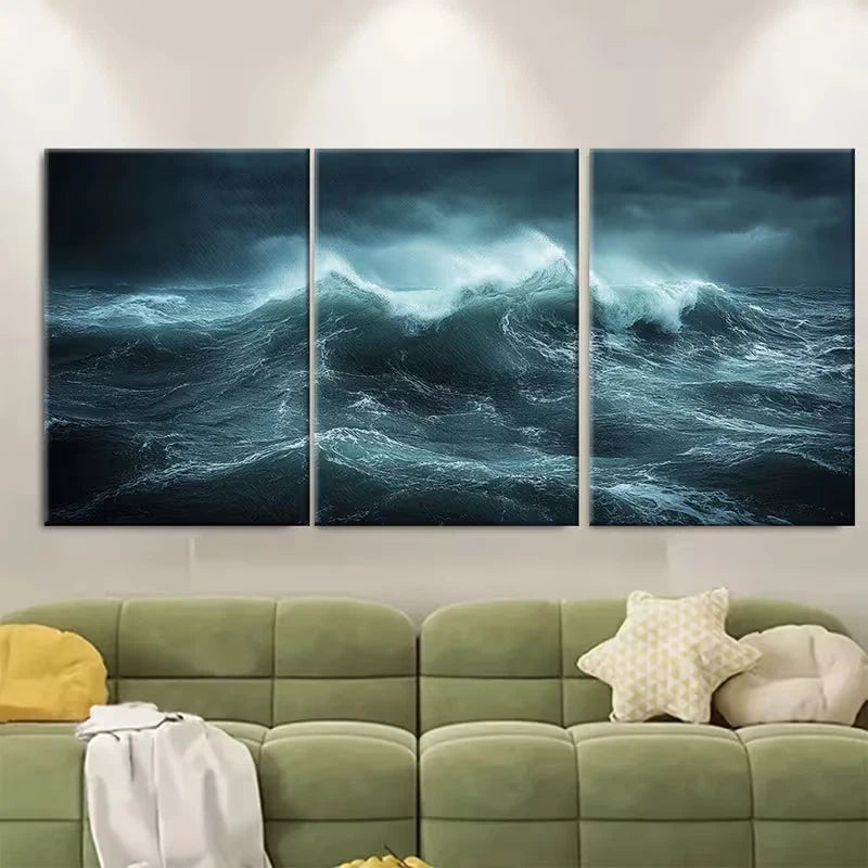 3pcs Dark Stormy Seascape Rainy Waves Metal Print Ready to Hang Art