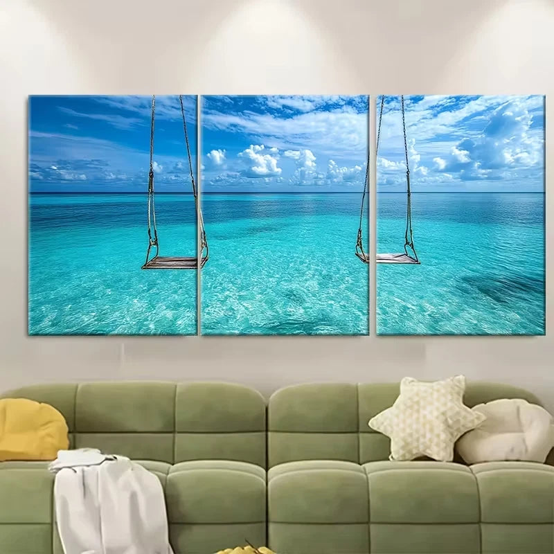3pcs Tropical Exotic Water Swings Blue Seascape Metal Print Ready to Hang Art