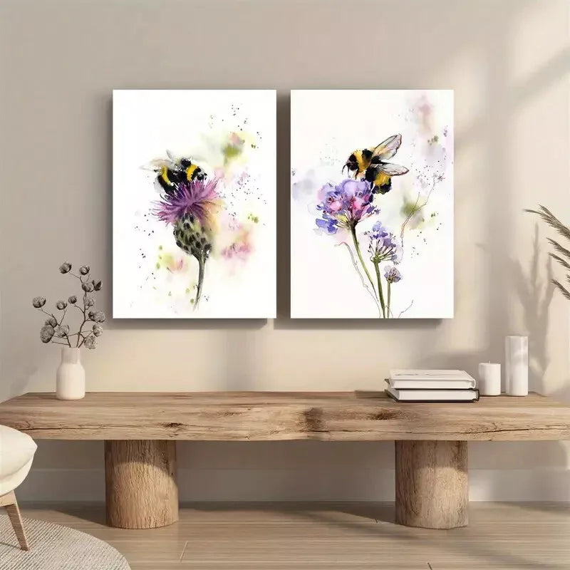 2pcs Set, Bumblebee on Wildflowers Framed 50x75cm - High Quality Print 100% Australian Made Wall Canvas Ready to Hang - Bella Home Decor