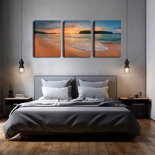 3pcs Sunset on The Beach, Beautiful Wall Art Set Wall Art Canvas Unframed - High Quality Print 100% Australian Made Wall Canvas