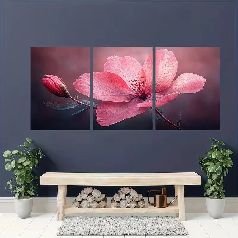 3pcs Pink Godetia Flower Metal Print Ready to Hang Art