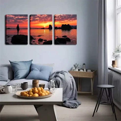 3pcs Person Standing by The Coast And Watching Wall Art Canvas Unframed - High Quality Print 100% Australian Made Wall Canvas