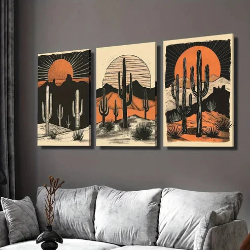 3pcs Desert Cactus Sunset Wall Art Set Canvas Unframed - High Quality Print 100% Australian Made Wall Canvas - Bella Home Decor