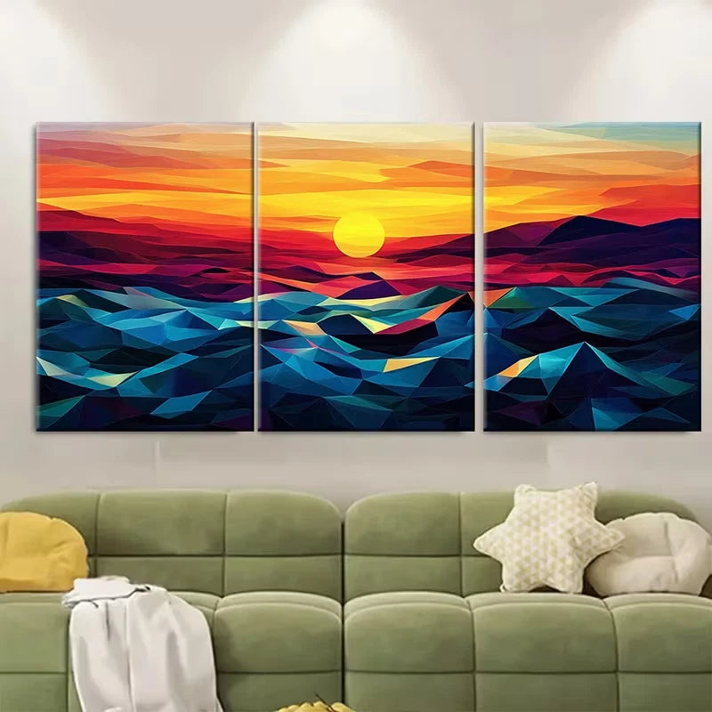 3pcs Abstract Sunset Horizon, Colorful Waves Metal Print Ready to Hang Art