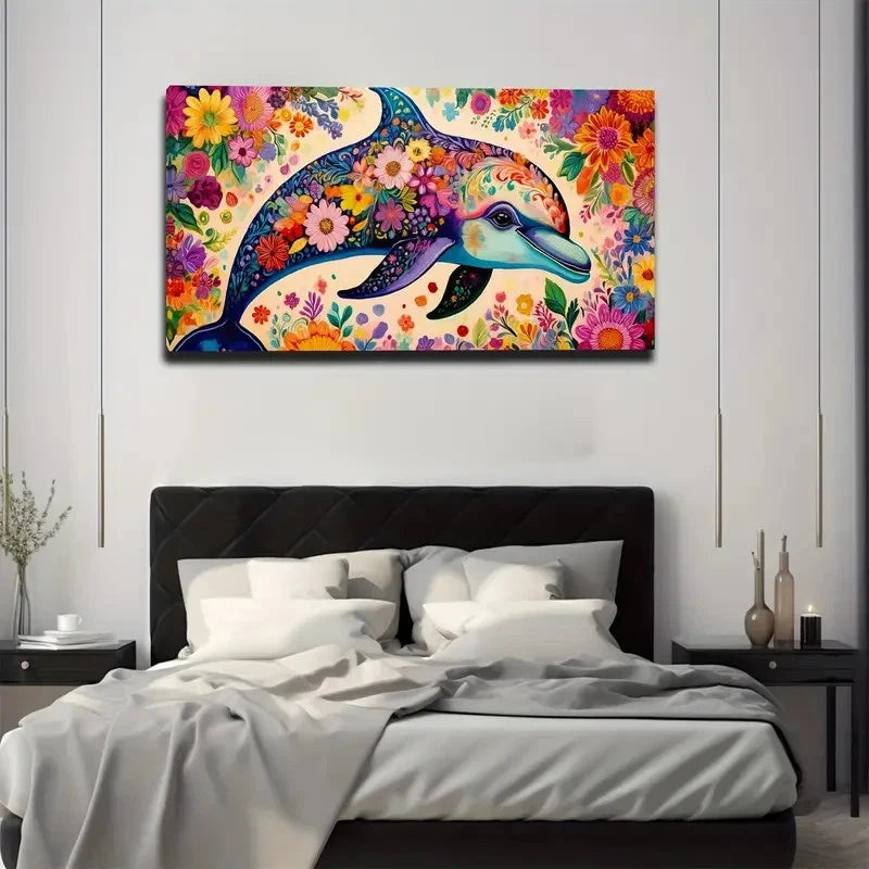 Flower Patterns A Dolphin Wall Art Canvas Office Home Room Framed 120x60cm