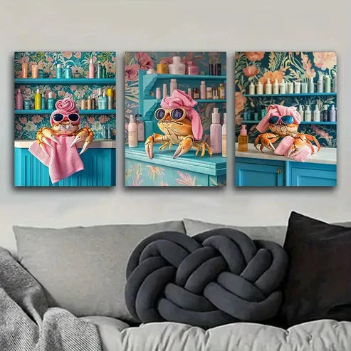 3pcs Whimsical Crab Design Tropical Vibes Wall Art Canvas Unframed - High Quality Print 100% Australian Made Wall Canvas