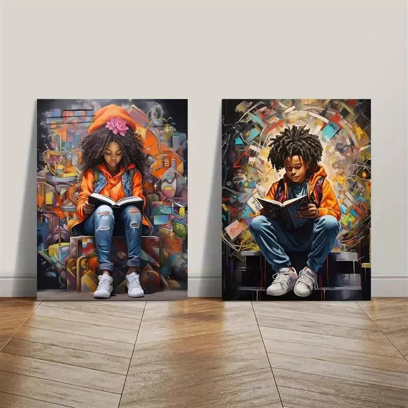 2pcs African Children Book Theme Painting Framed 50x75cm - High Quality Print 100% Australian Made Wall Canvas Ready to Hang - Bella Home Decor