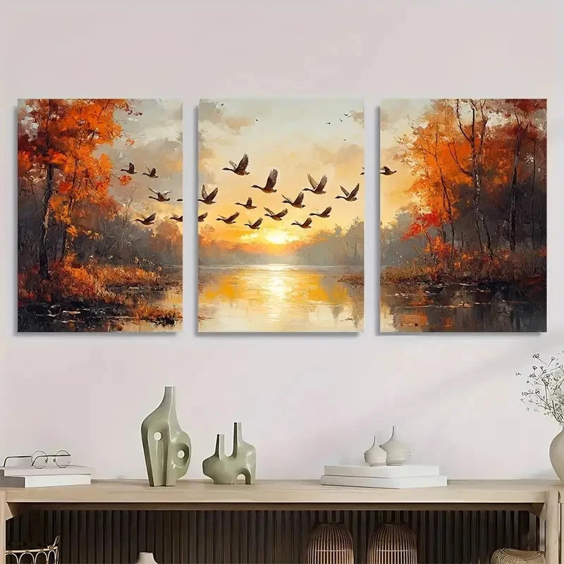 3pcs Geese Flock Flying Over Serene River GF Wall Art Set Canvas Framed 60x90cm - High Quality Print 100% Australian Made Wall Canvas Ready to Hang - Bella Home Decor