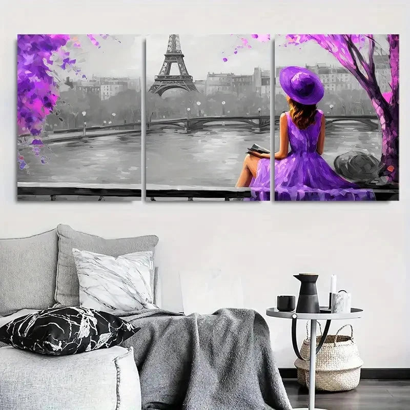 3pcs Eiffel Tower Scene Purple Dress Wall Art Set Canvas Framed 60x90cm - High Quality Print 100% Australian Made Wall Canvas Ready to Hang