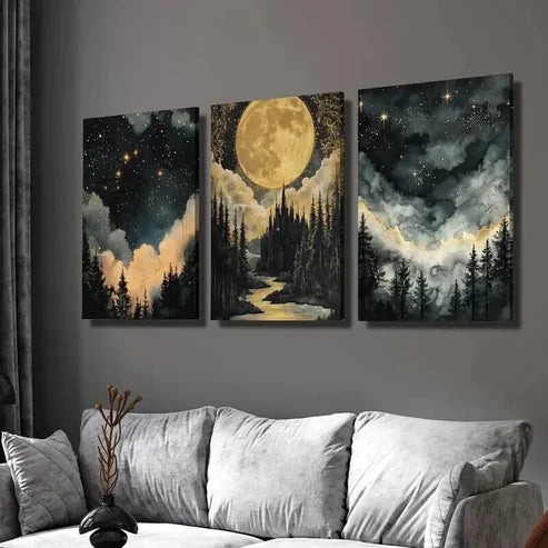 3pcs The Woods Under the Moonlight & Stars Wall Art Canvas Unframed - High Quality Print 100% Australian Made Wall Canvas